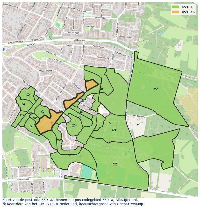 Afbeelding van het postcodegebied 6591 XA op de kaart.
