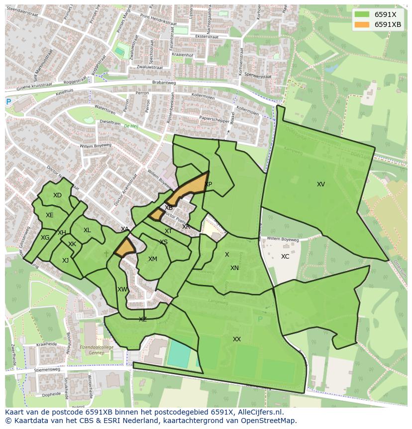 Afbeelding van het postcodegebied 6591 XB op de kaart.
