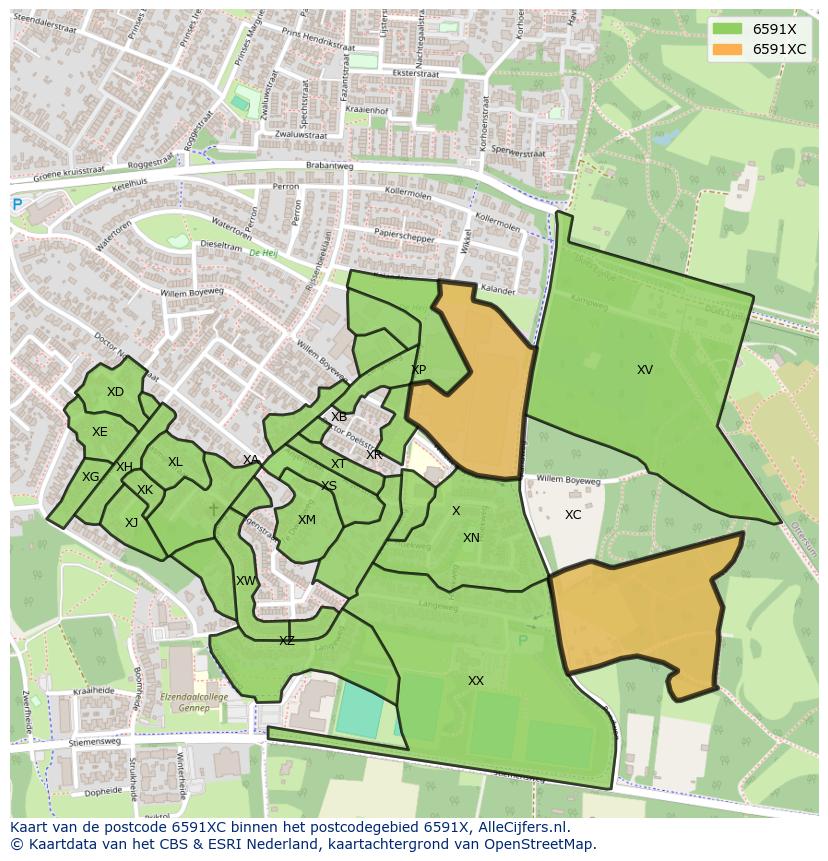 Afbeelding van het postcodegebied 6591 XC op de kaart.