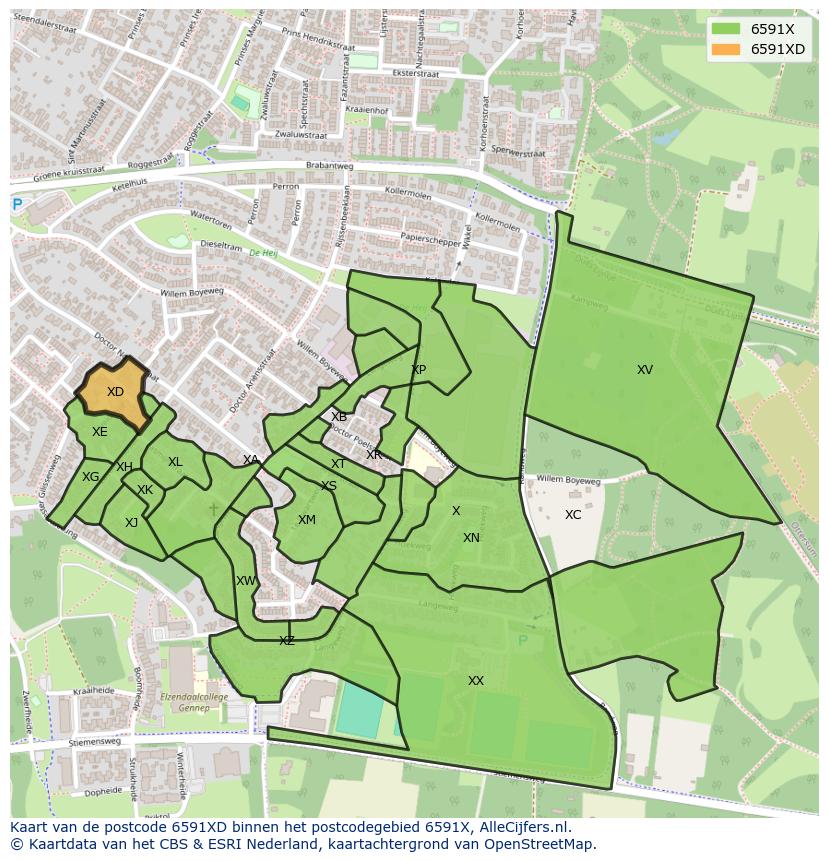 Afbeelding van het postcodegebied 6591 XD op de kaart.