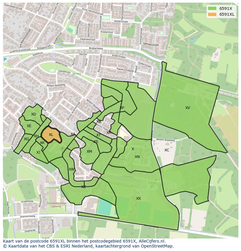 Afbeelding van het postcodegebied 6591 XL op de kaart.