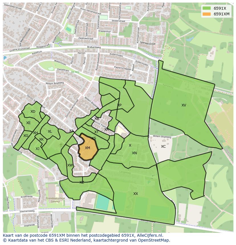Afbeelding van het postcodegebied 6591 XM op de kaart.