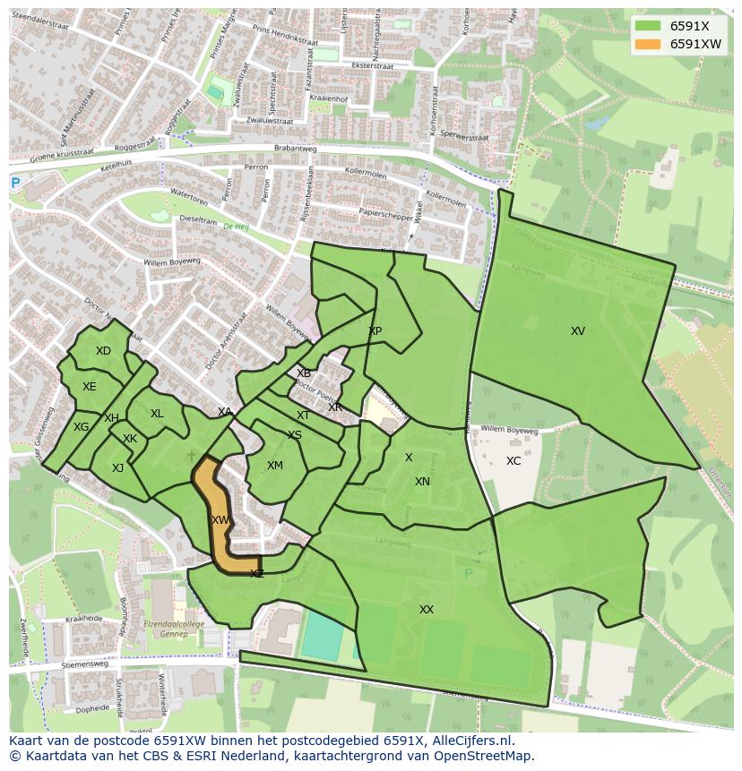 Afbeelding van het postcodegebied 6591 XW op de kaart.