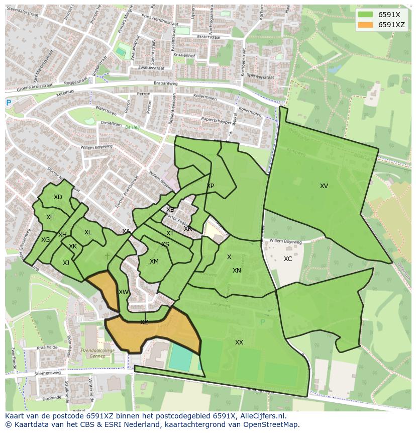 Afbeelding van het postcodegebied 6591 XZ op de kaart.