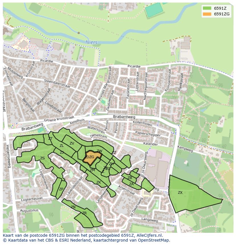 Afbeelding van het postcodegebied 6591 ZG op de kaart.