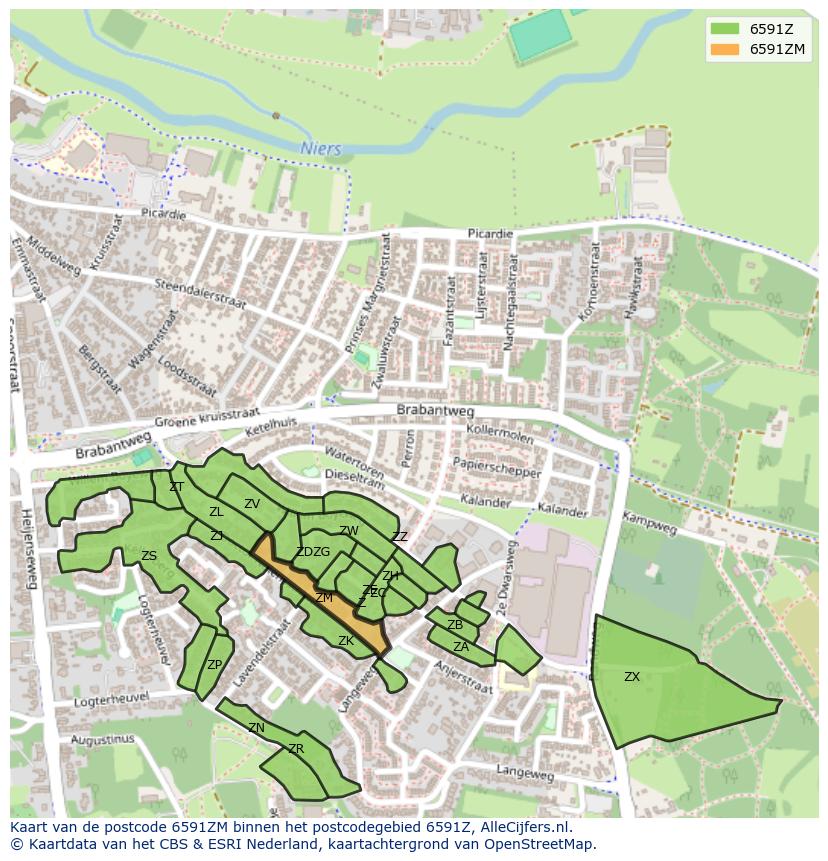 Afbeelding van het postcodegebied 6591 ZM op de kaart.