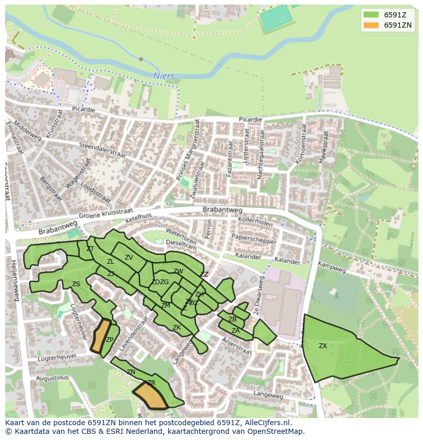 Afbeelding van het postcodegebied 6591 ZN op de kaart.