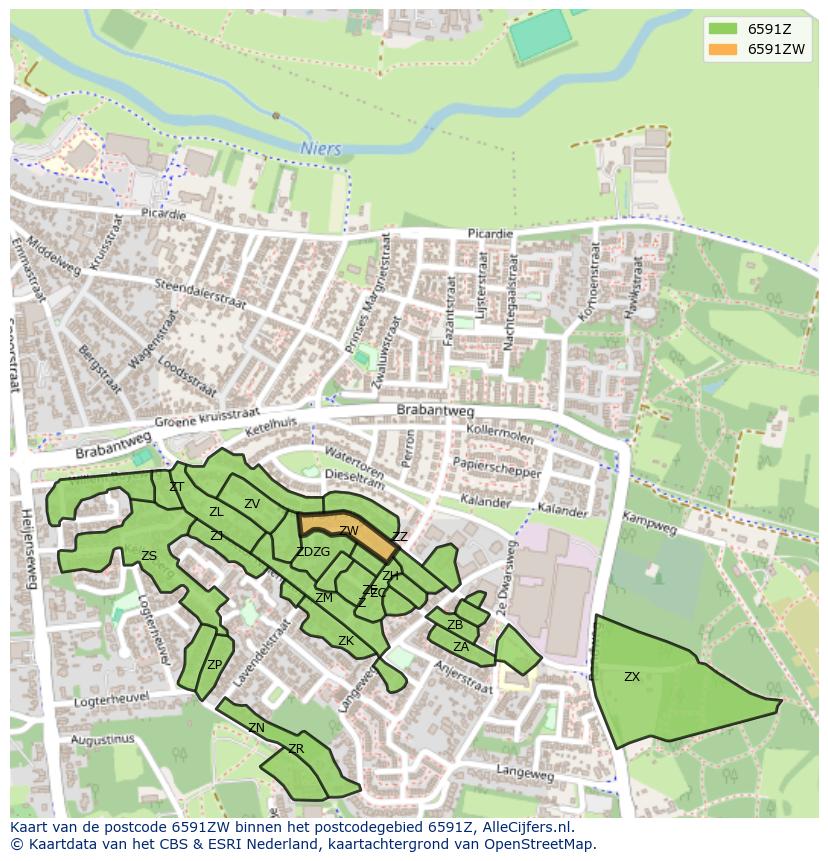 Afbeelding van het postcodegebied 6591 ZW op de kaart.