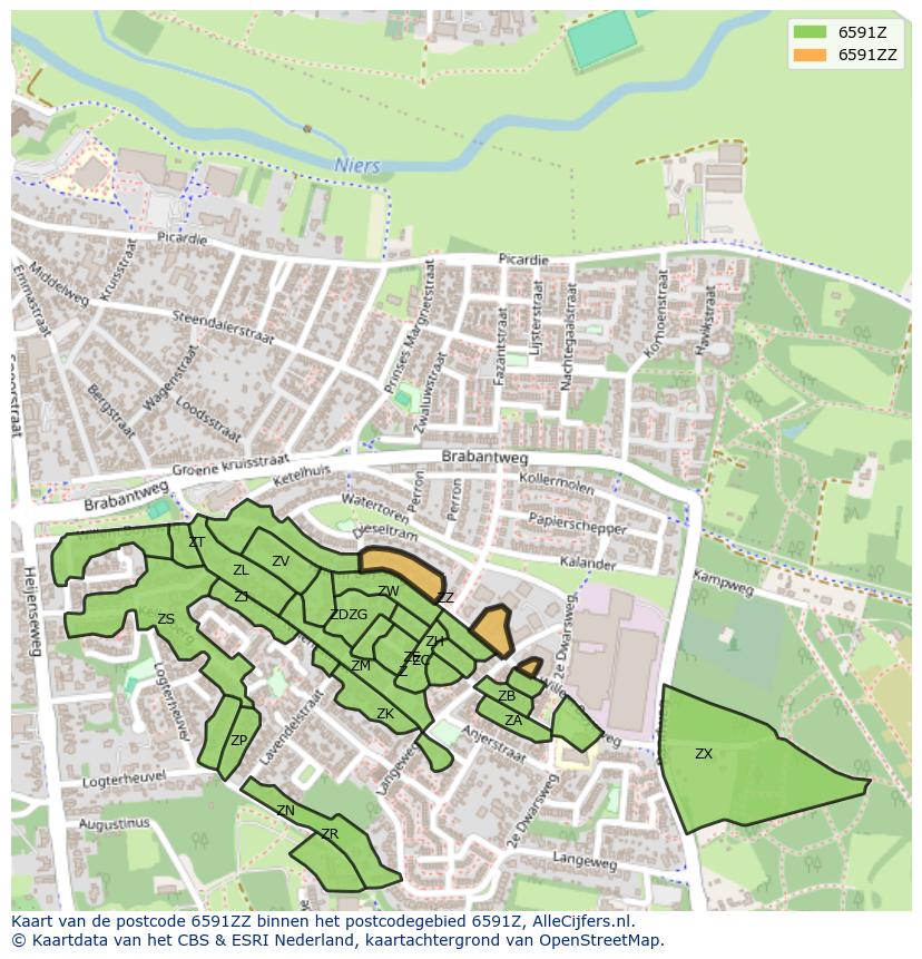 Afbeelding van het postcodegebied 6591 ZZ op de kaart.