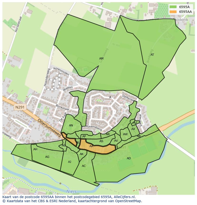 Afbeelding van het postcodegebied 6595 AA op de kaart.