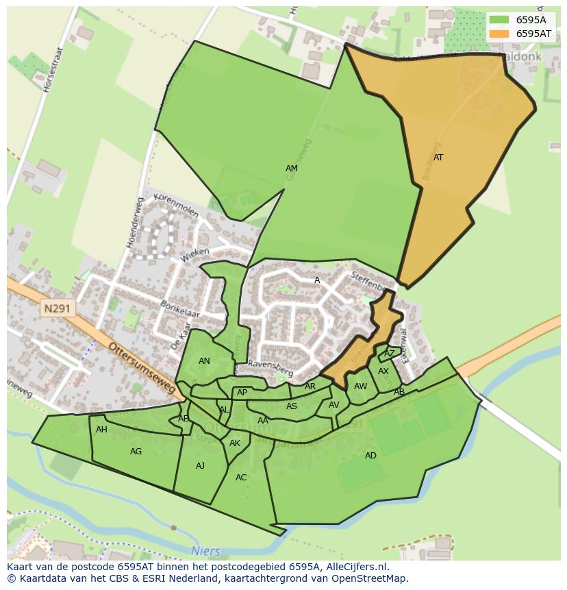 Afbeelding van het postcodegebied 6595 AT op de kaart.