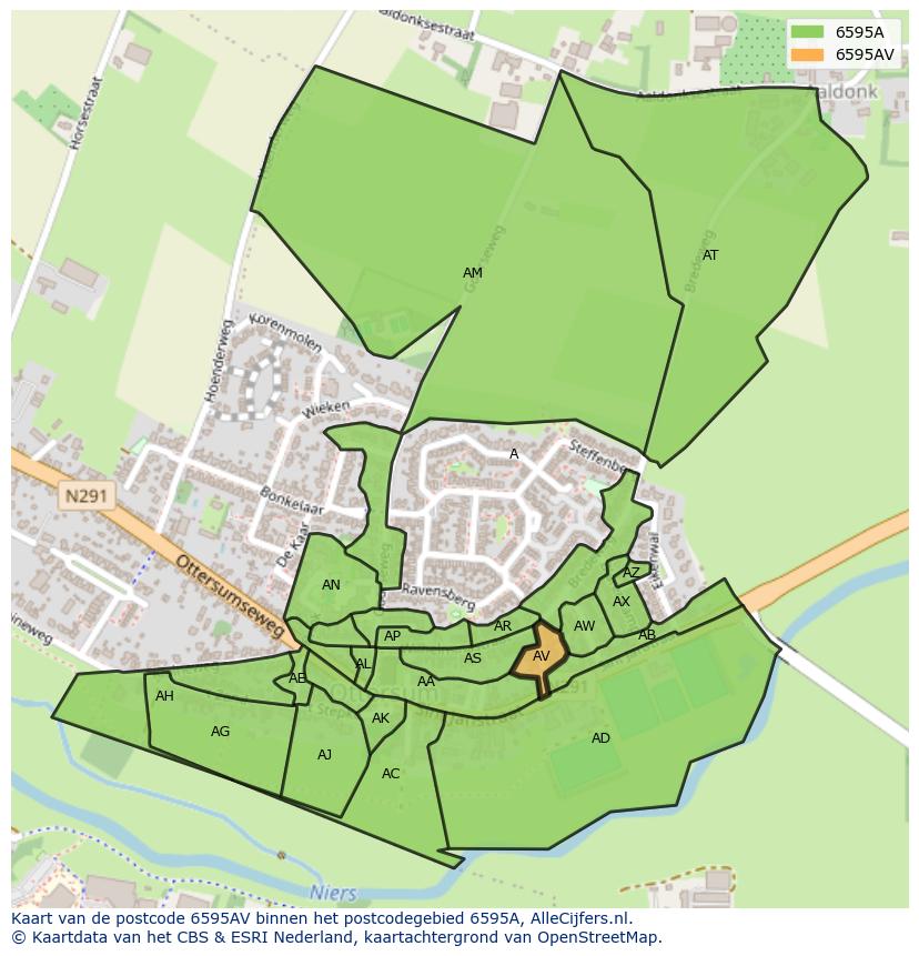 Afbeelding van het postcodegebied 6595 AV op de kaart.