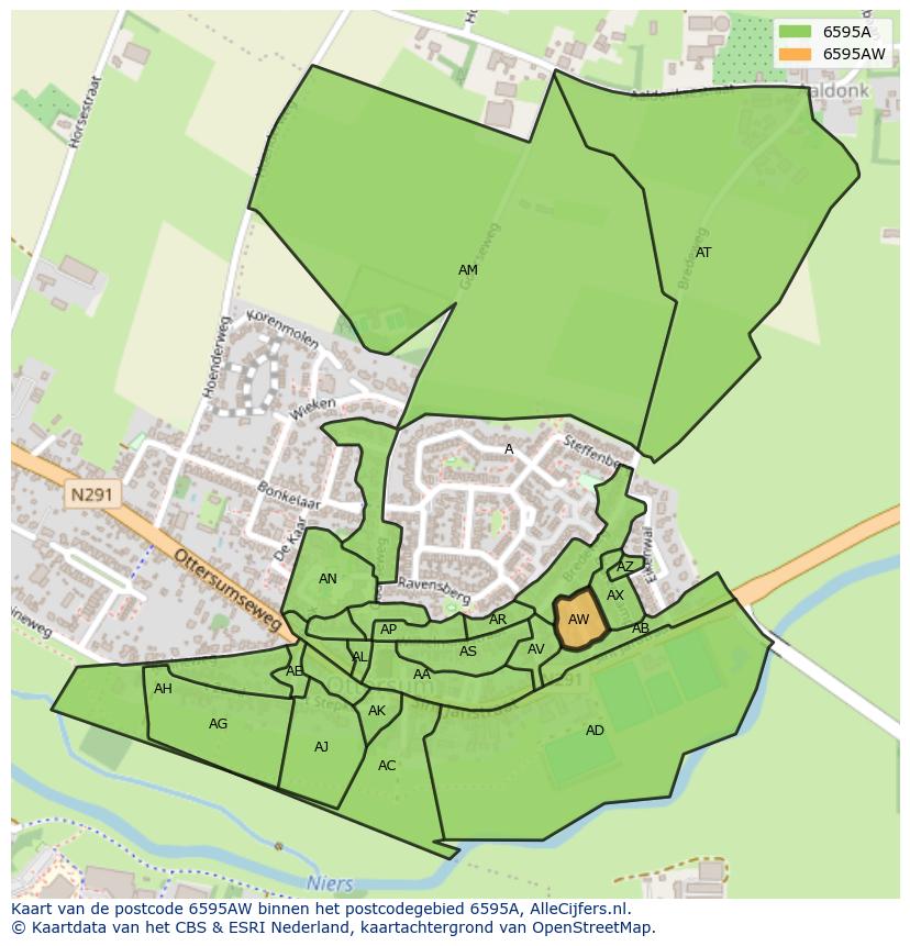 Afbeelding van het postcodegebied 6595 AW op de kaart.