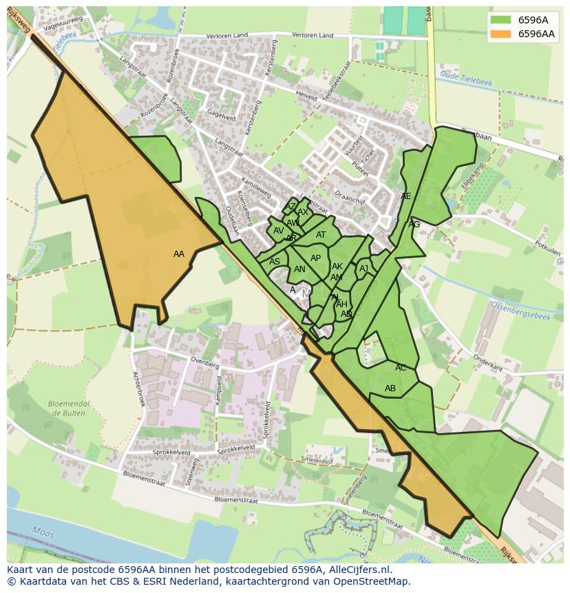 Afbeelding van het postcodegebied 6596 AA op de kaart.