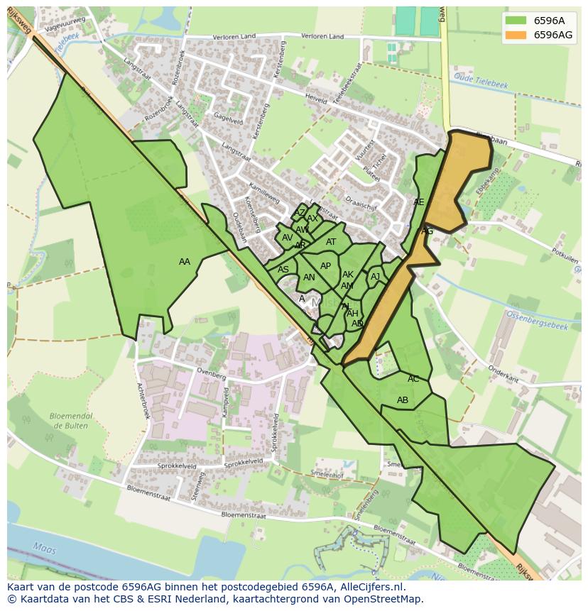 Afbeelding van het postcodegebied 6596 AG op de kaart.