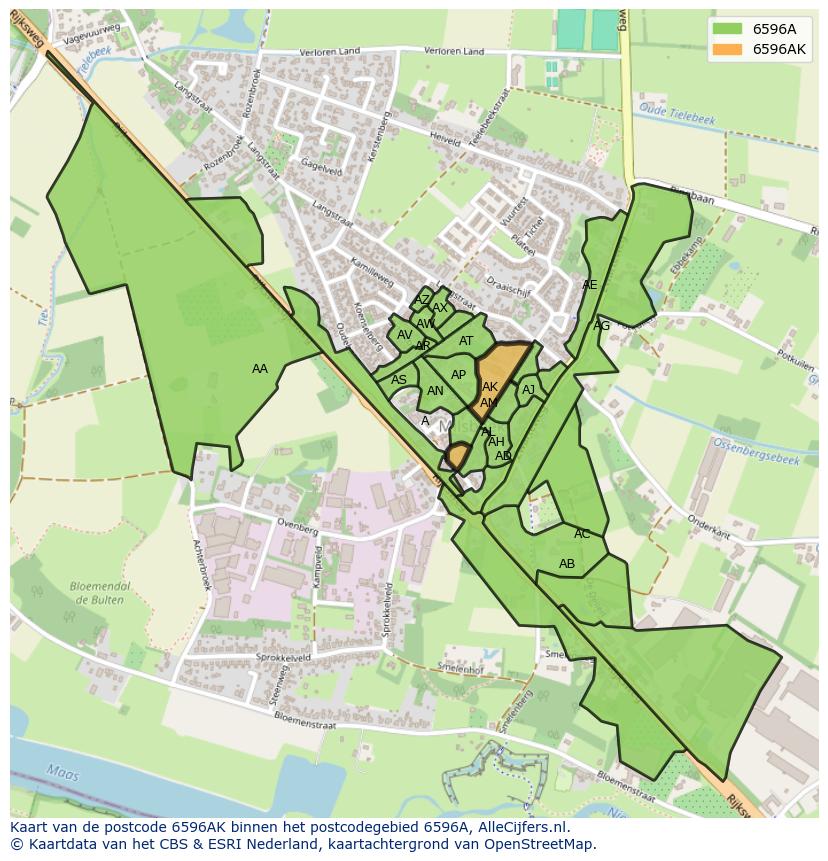 Afbeelding van het postcodegebied 6596 AK op de kaart.