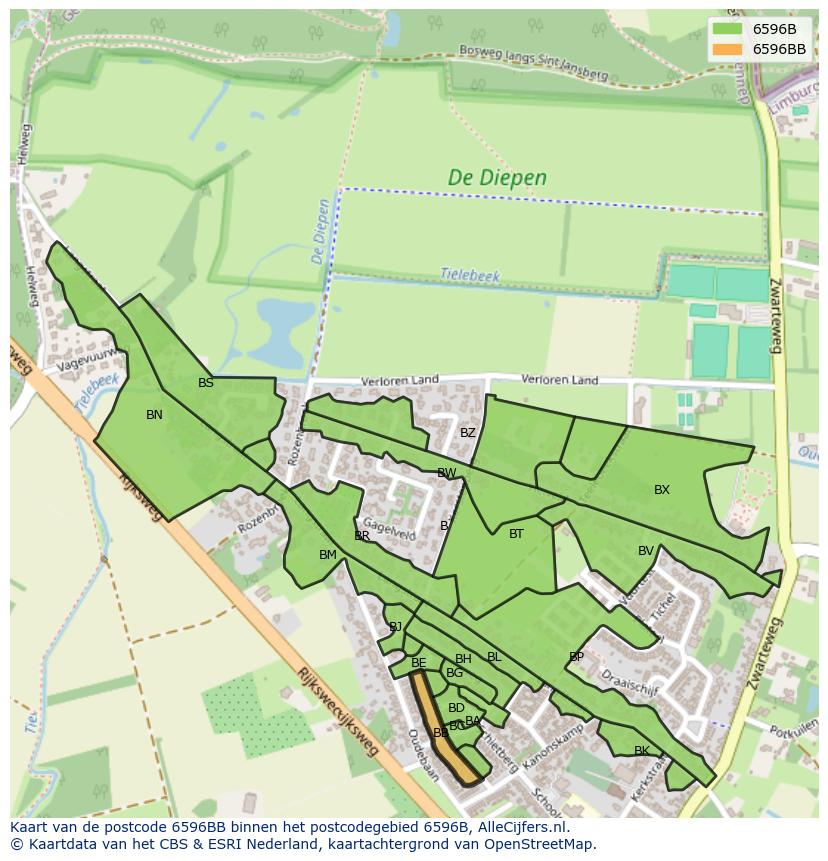 Afbeelding van het postcodegebied 6596 BB op de kaart.