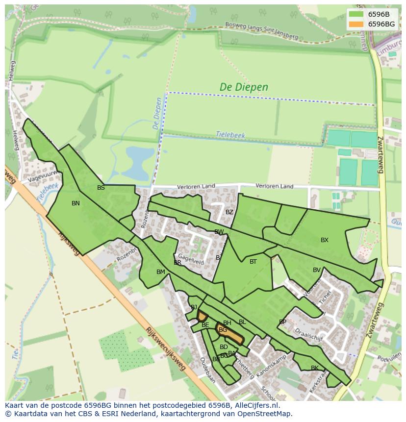 Afbeelding van het postcodegebied 6596 BG op de kaart.