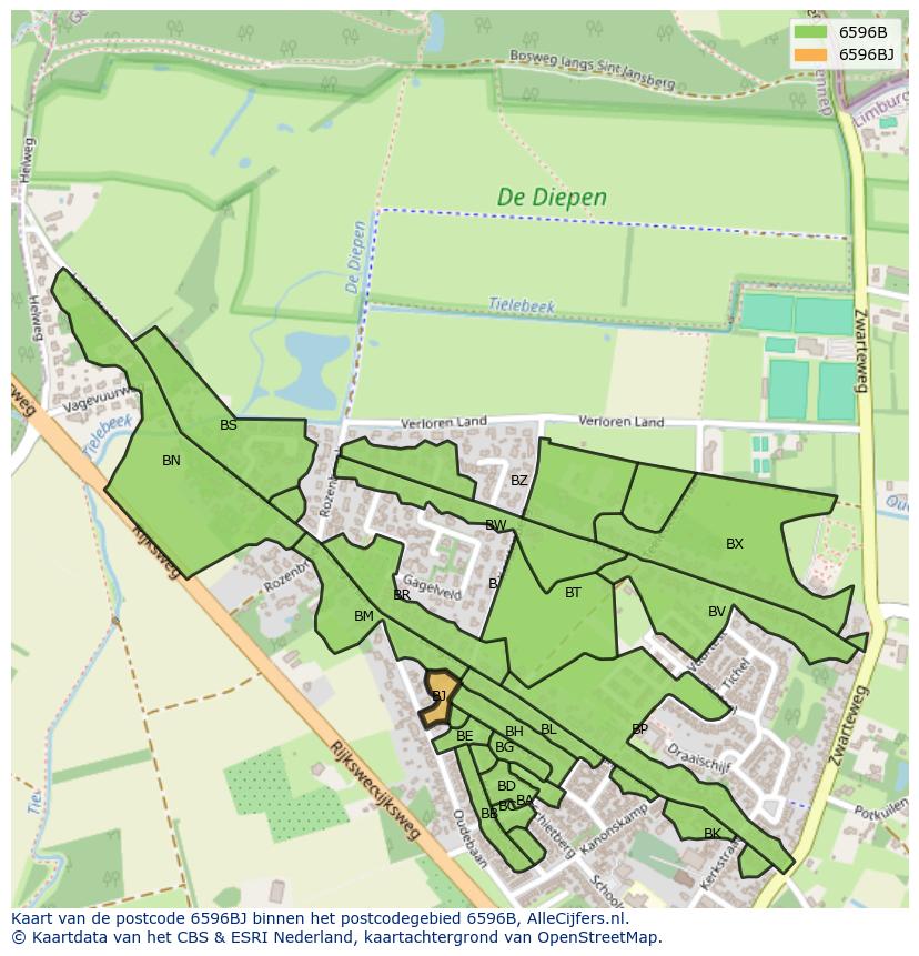 Afbeelding van het postcodegebied 6596 BJ op de kaart.