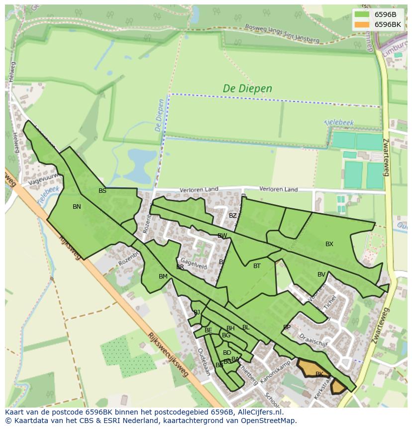 Afbeelding van het postcodegebied 6596 BK op de kaart.