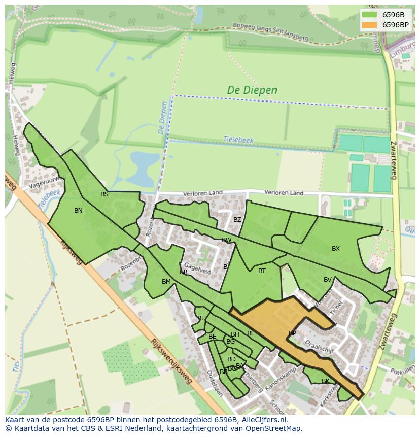 Afbeelding van het postcodegebied 6596 BP op de kaart.