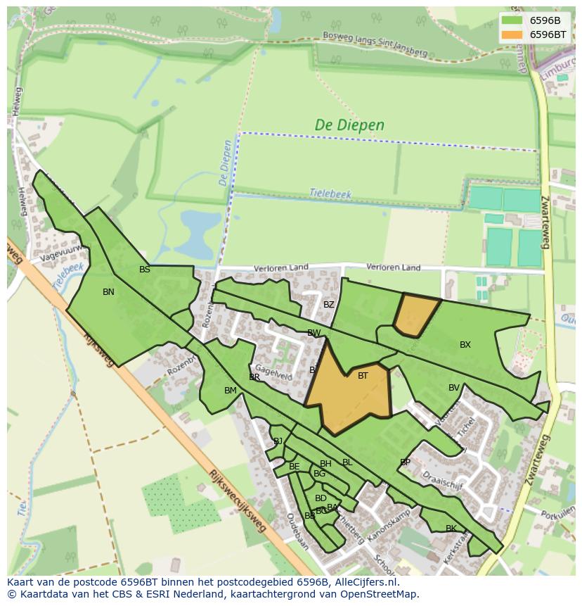 Afbeelding van het postcodegebied 6596 BT op de kaart.
