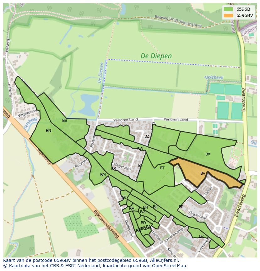 Afbeelding van het postcodegebied 6596 BV op de kaart.
