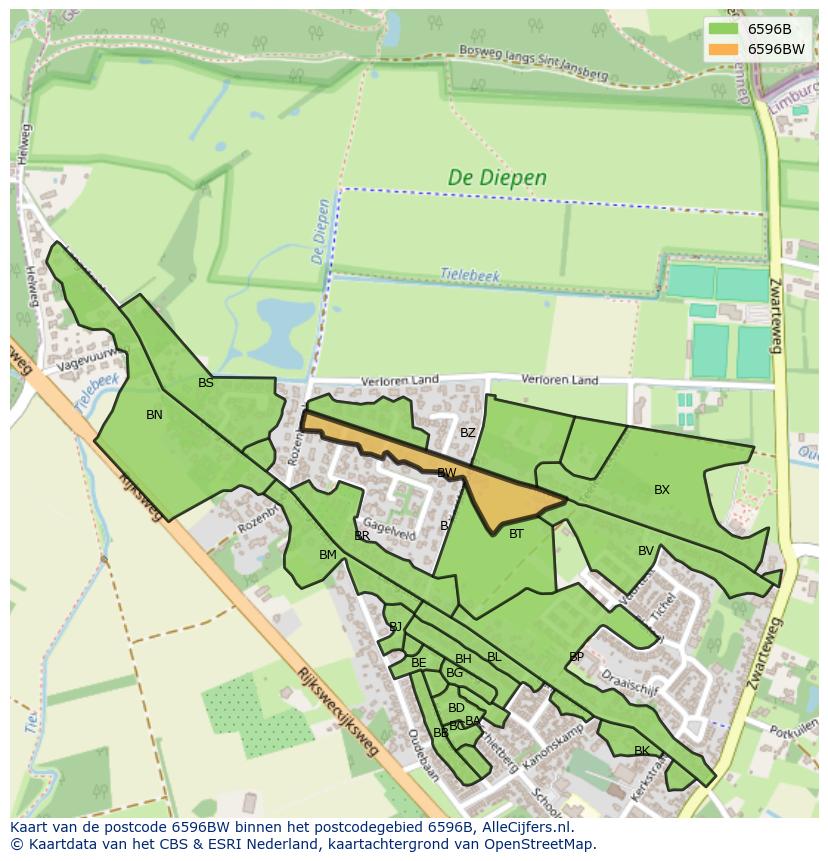 Afbeelding van het postcodegebied 6596 BW op de kaart.