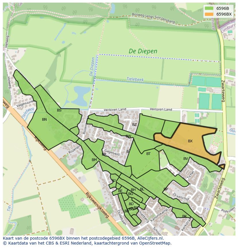 Afbeelding van het postcodegebied 6596 BX op de kaart.