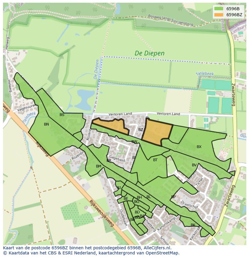 Afbeelding van het postcodegebied 6596 BZ op de kaart.