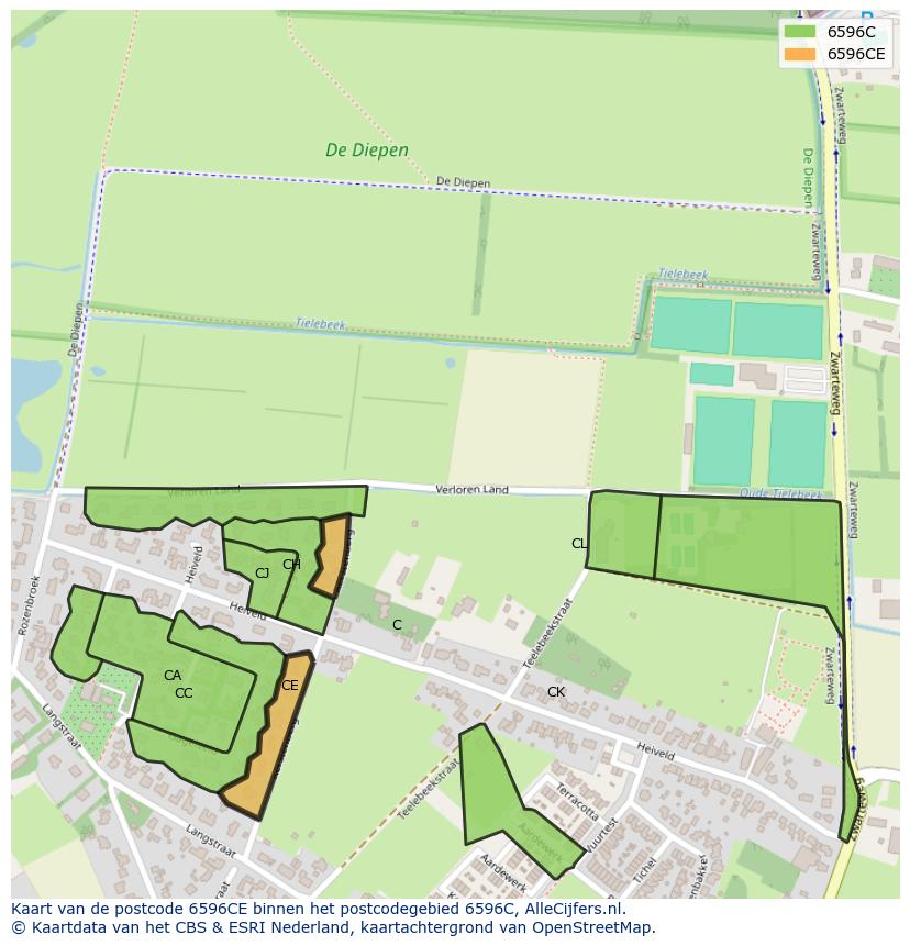 Afbeelding van het postcodegebied 6596 CE op de kaart.