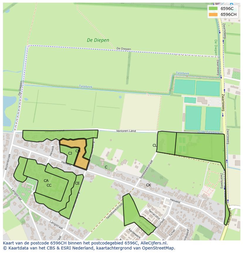 Afbeelding van het postcodegebied 6596 CH op de kaart.