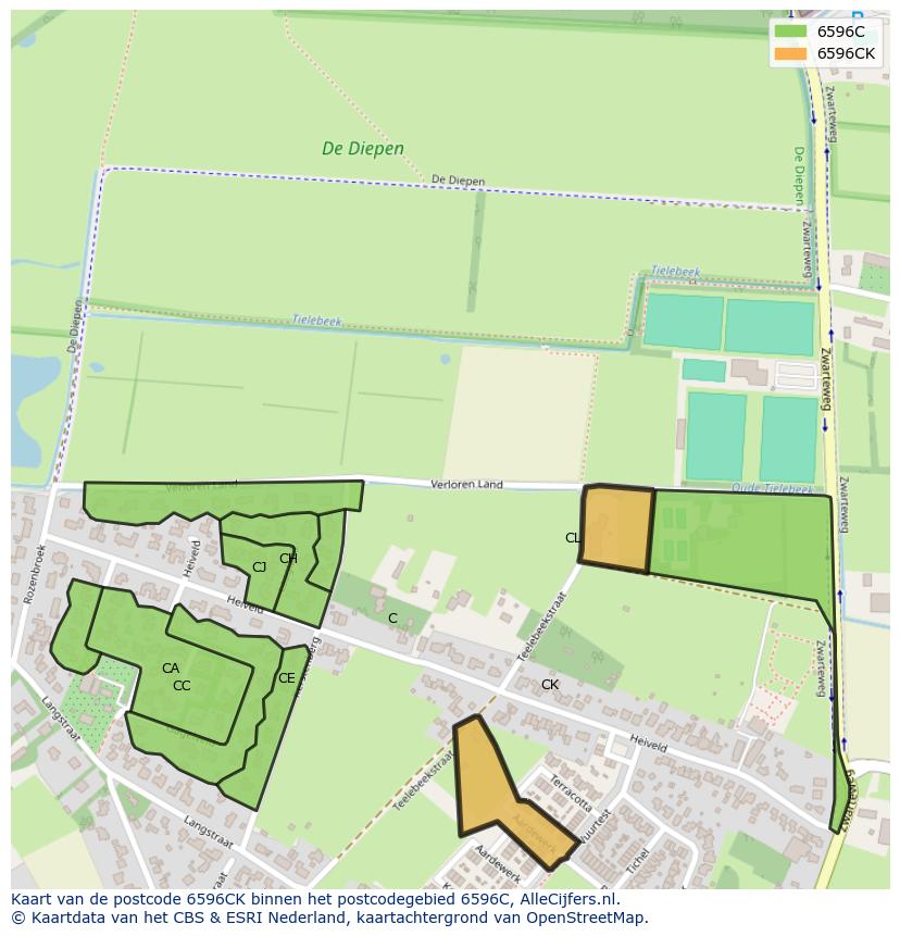Afbeelding van het postcodegebied 6596 CK op de kaart.