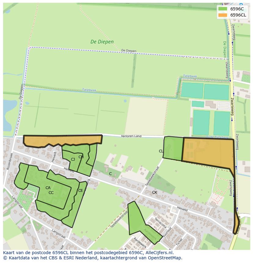 Afbeelding van het postcodegebied 6596 CL op de kaart.