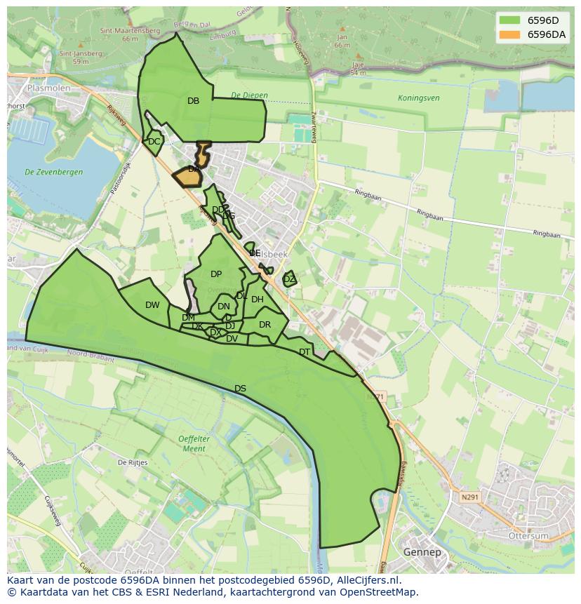 Afbeelding van het postcodegebied 6596 DA op de kaart.