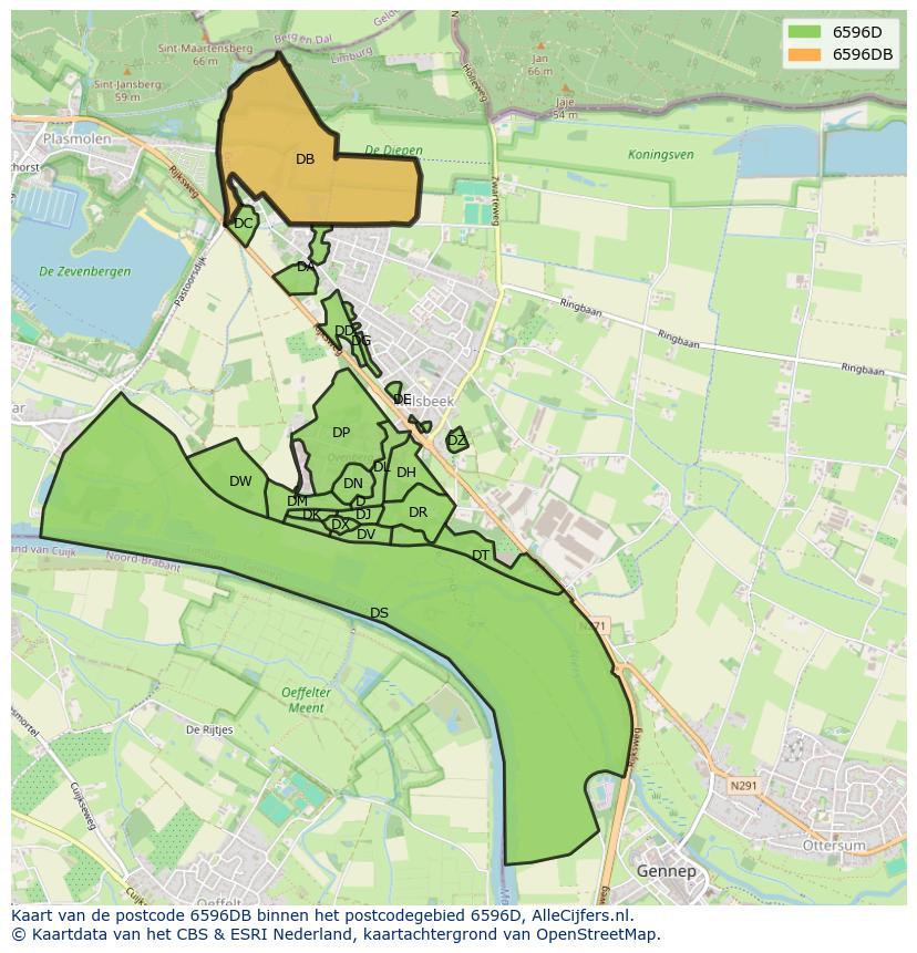 Afbeelding van het postcodegebied 6596 DB op de kaart.