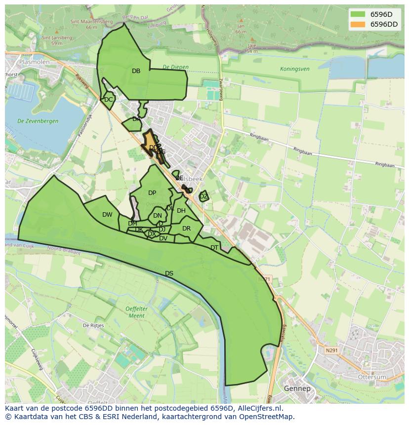Afbeelding van het postcodegebied 6596 DD op de kaart.