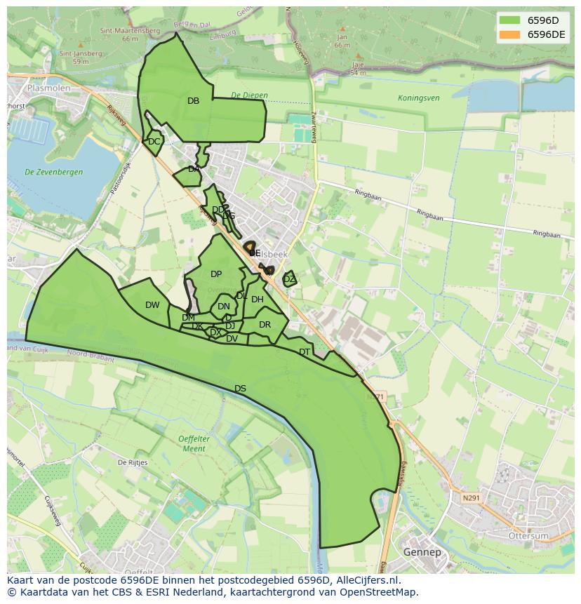 Afbeelding van het postcodegebied 6596 DE op de kaart.