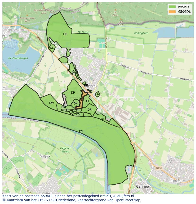 Afbeelding van het postcodegebied 6596 DL op de kaart.