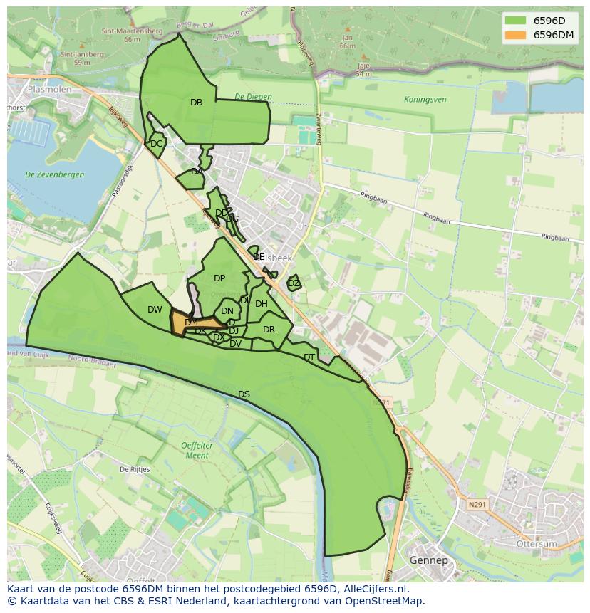 Afbeelding van het postcodegebied 6596 DM op de kaart.