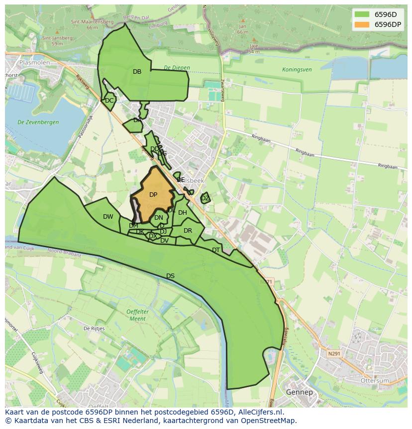 Afbeelding van het postcodegebied 6596 DP op de kaart.