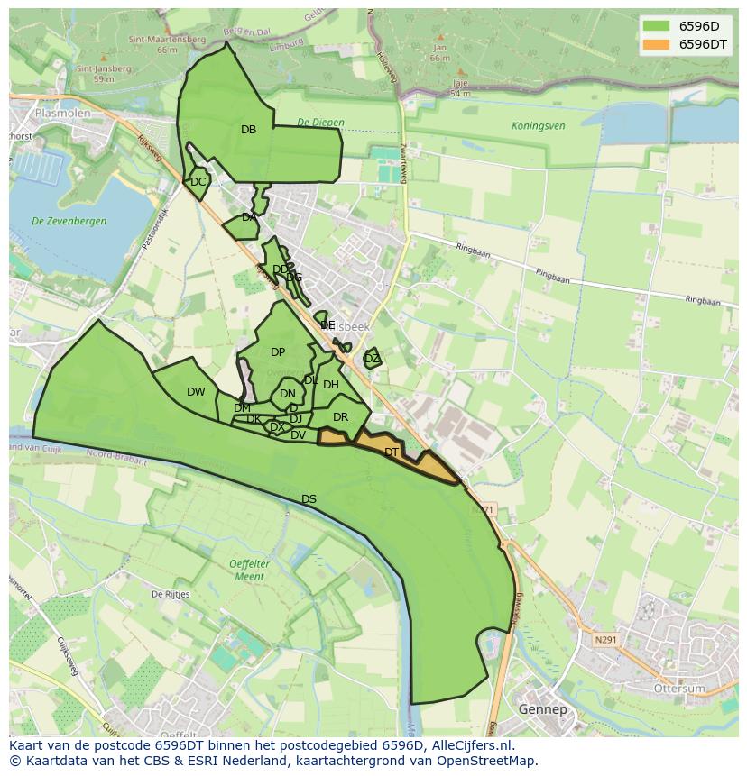 Afbeelding van het postcodegebied 6596 DT op de kaart.