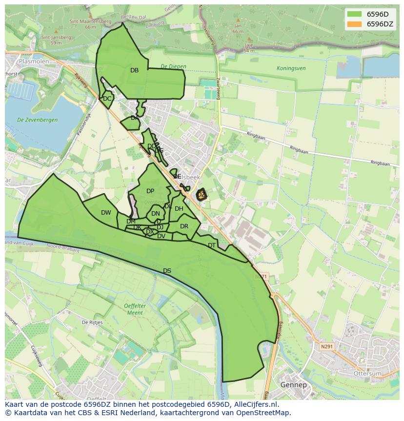 Afbeelding van het postcodegebied 6596 DZ op de kaart.