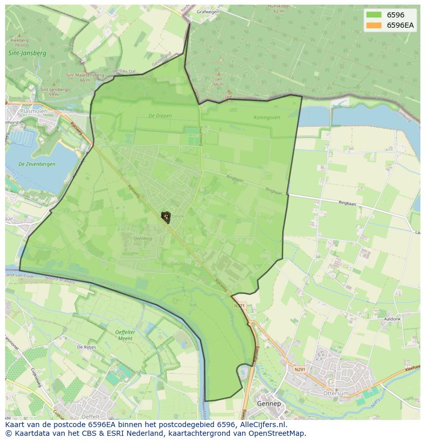 Afbeelding van het postcodegebied 6596 EA op de kaart.