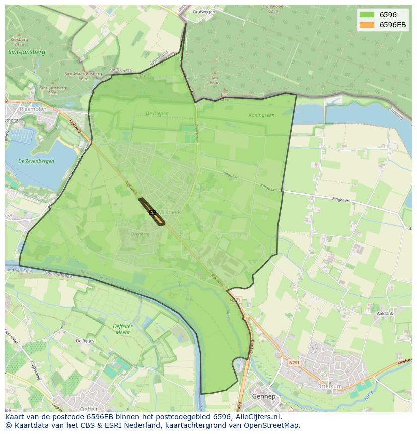 Afbeelding van het postcodegebied 6596 EB op de kaart.