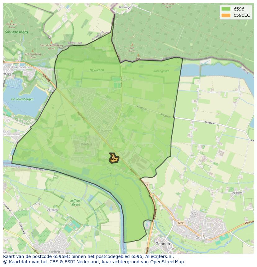 Afbeelding van het postcodegebied 6596 EC op de kaart.