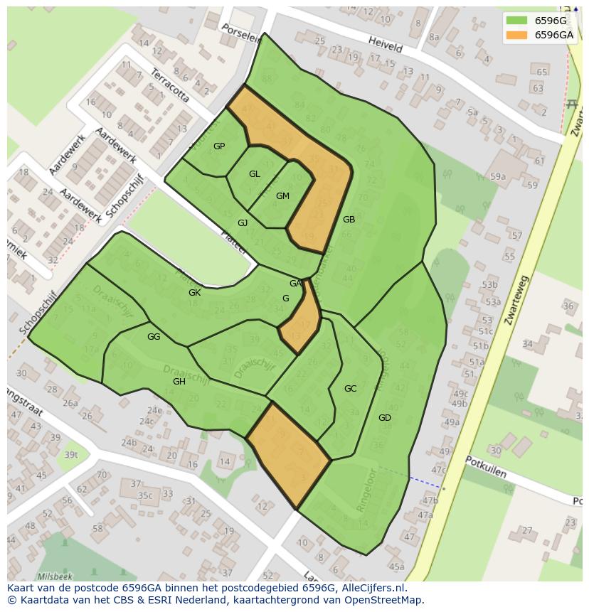 Afbeelding van het postcodegebied 6596 GA op de kaart.