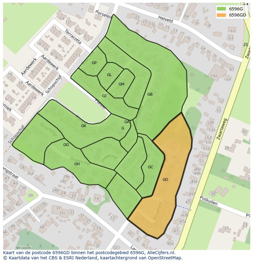 Afbeelding van het postcodegebied 6596 GD op de kaart.