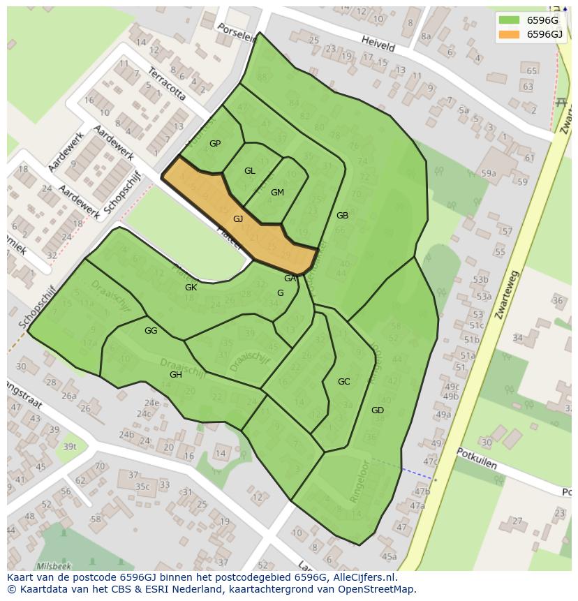Afbeelding van het postcodegebied 6596 GJ op de kaart.