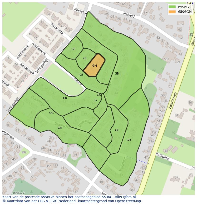 Afbeelding van het postcodegebied 6596 GM op de kaart.